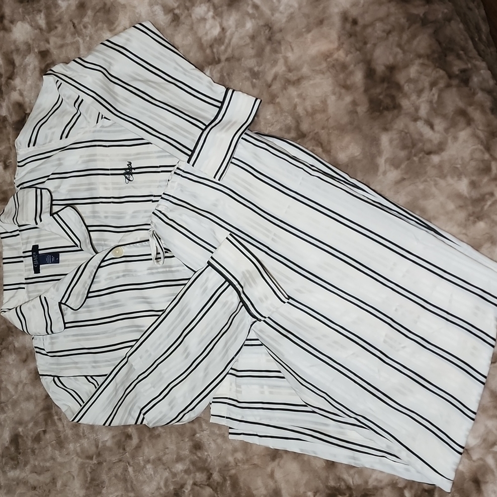 Two  piece pajama set with long sleeve button up shirt and long pants - Picture 2 of 5